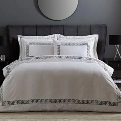 Deals ⌛ Hotel Hotel Greek Key White Duvet Cover and Pillowcase Set 🥰